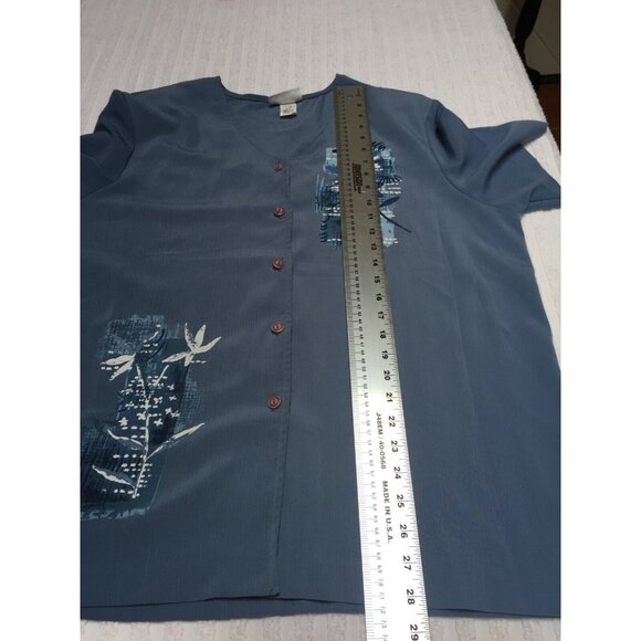 Vintage GW Division of Graff XL Blue V-Neck Button-Down Crinkle Top Short Sleeve - Picture 7 of 9